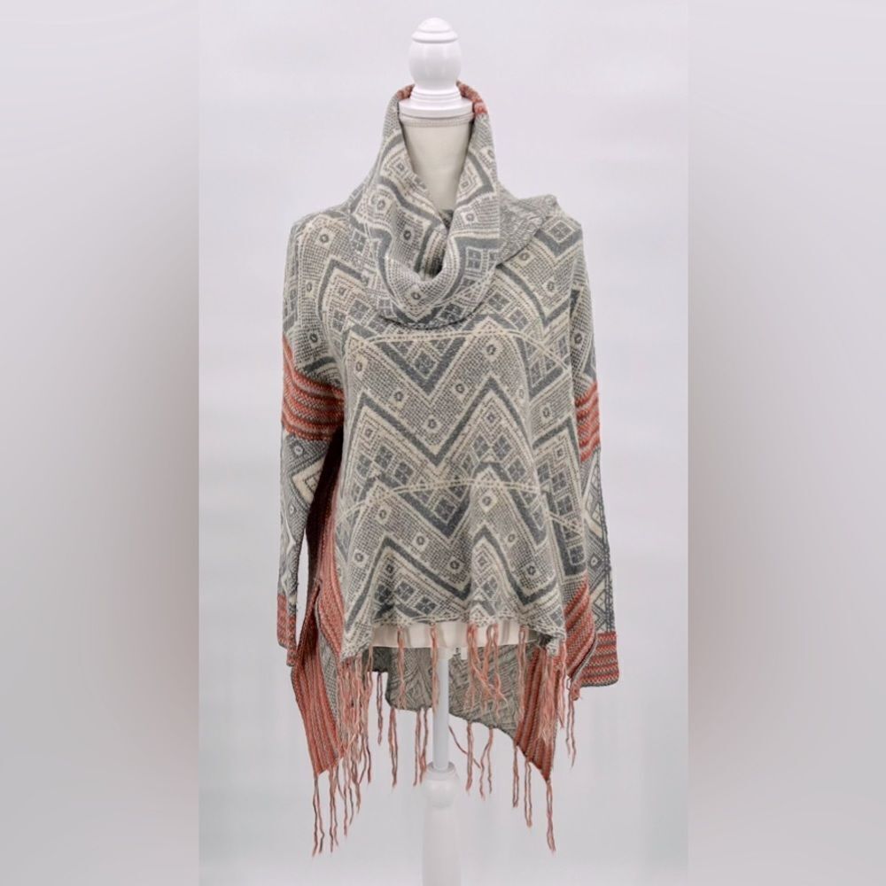 Umgee Sweater Poncho Boho Gray Cream Coral  Size 
S/M